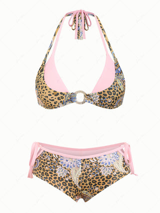 Brown Leopard Paisley Print O Ring Double Layer Top & Cutout Tie Cheeky Boyshorts Bikini Set