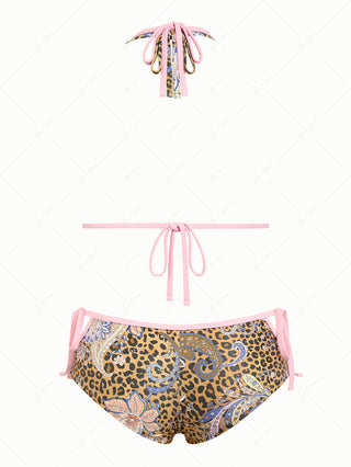 Brown Leopard Paisley Print O Ring Double Layer Top & Cutout Tie Cheeky Boyshorts Bikini Set