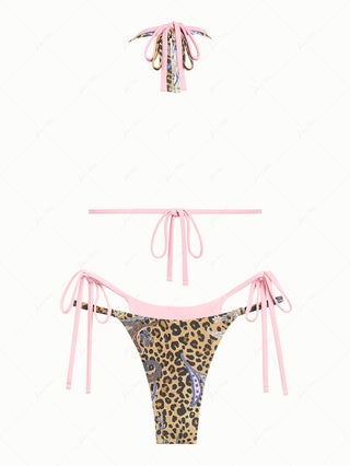 Brown Leopard Paisley Print O Ring String Double Layer Bikini Set