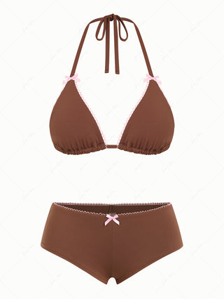 Coffee Contrast Picot Bowknot Halter Triangle Cheeky Boyshorts Bikini Set