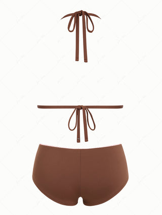 Coffee Contrast Picot Bowknot Halter Triangle Cheeky Boyshorts Bikini Set