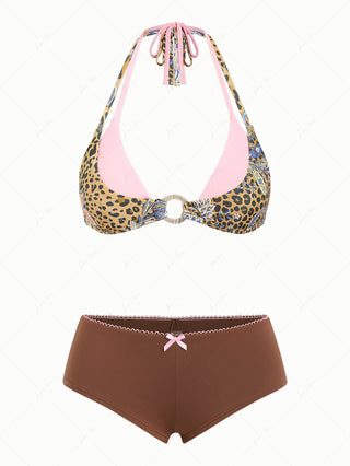 Brown Leopard Paisley O Ring Double Layer Cheeky Boyshorts Mix And Match Bikini Set