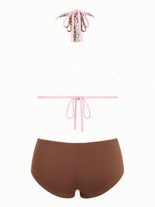 Brown Leopard Paisley O Ring Double Layer Cheeky Boyshorts Mix And Match Bikini Set