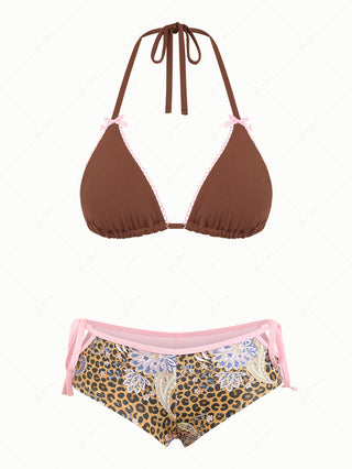 Coffee Contrast Leopard Paisley Cutout Tie Cheeky Boyshorts Mix And Match Bikini Set