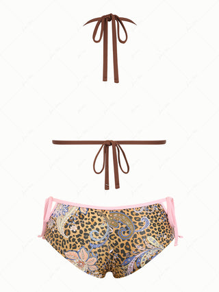 Coffee Contrast Leopard Paisley Cutout Tie Cheeky Boyshorts Mix And Match Bikini Set