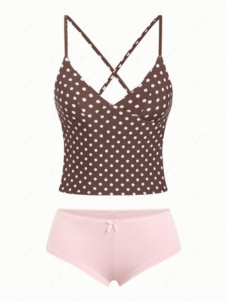 Pink Striped Polka Dot Reversible Top & Picot Cheeky Boyshorts Mix And Match Tankini Set