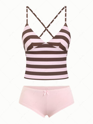 Pink Striped Polka Dot Reversible Top & Picot Cheeky Boyshorts Mix And Match Tankini Set
