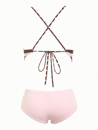 Pink Striped Polka Dot Reversible Top & Picot Cheeky Boyshorts Mix And Match Tankini Set