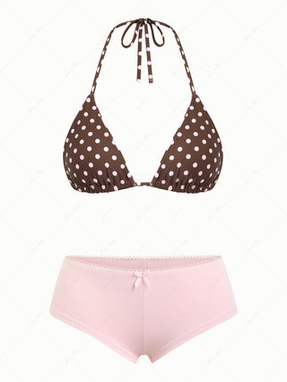 Pink Striped Polka Dot Reversible Triangle Top & Picot Cheeky Boyshorts Mix And Match Bikini Set