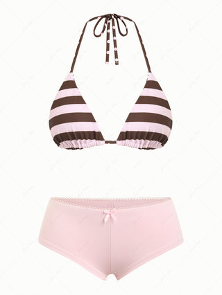 Pink Striped Polka Dot Reversible Triangle Top & Picot Cheeky Boyshorts Mix And Match Bikini Set