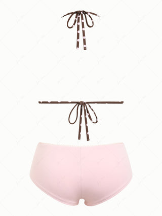 Pink Striped Polka Dot Reversible Triangle Top & Picot Cheeky Boyshorts Mix And Match Bikini Set