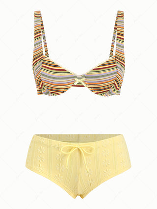 Yellow Ribbed Striped Underwire Top & Jacquard Cheeky Boyshorts Mix And Match Bikini Set