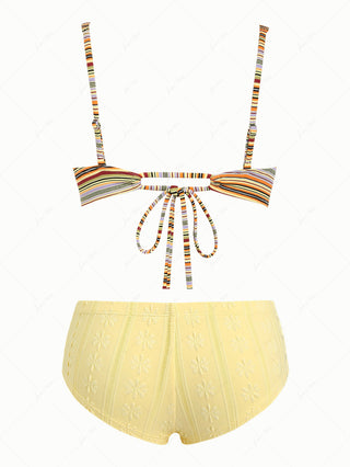 Yellow Ribbed Striped Underwire Top & Jacquard Cheeky Boyshorts Mix And Match Bikini Set