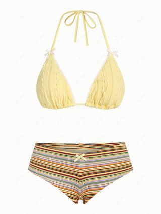 Yellow Jacquard Triangle Top & Ribbed Striped Cheeky Boyshorts Mix And Match Bikini Set