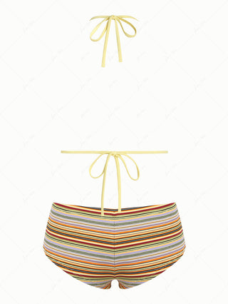 Yellow Jacquard Triangle Top & Ribbed Striped Cheeky Boyshorts Mix And Match Bikini Set