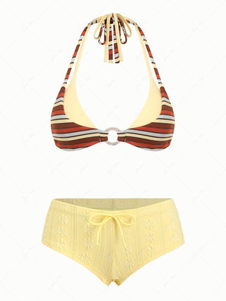 Yellow Ribbed Striped O Ring Double Layer Top & Jacquard Cheeky Boyshorts Mix And Match Bikini Set