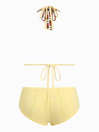Yellow Ribbed Striped O Ring Double Layer Top & Jacquard Cheeky Boyshorts Mix And Match Bikini Set