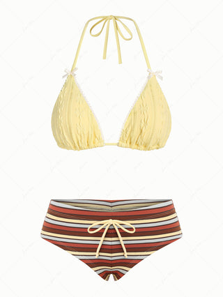 Yellow Jacquard Triangle Top & Knit Striped Cheeky Boyshorts Mix And Match Bikini Set