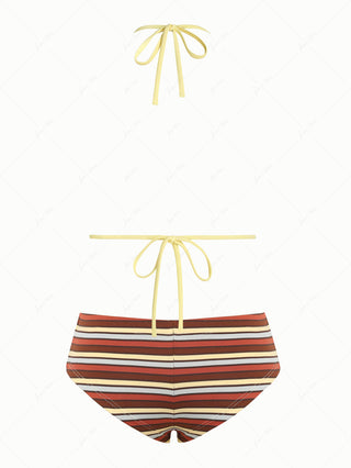 Yellow Jacquard Triangle Top & Knit Striped Cheeky Boyshorts Mix And Match Bikini Set