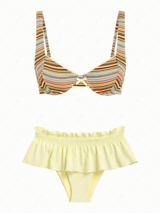 Yellow Ribbed Striped Underwire Top & Textured Skirted Bottom Mix And Match Bikini Set