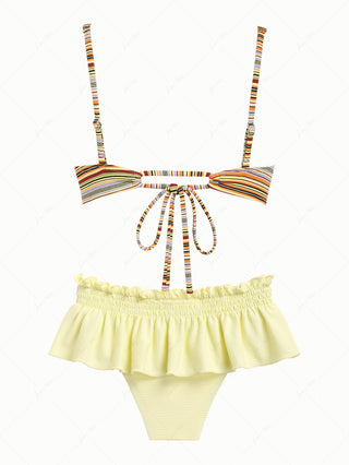 Yellow Ribbed Striped Underwire Top & Textured Skirted Bottom Mix And Match Bikini Set