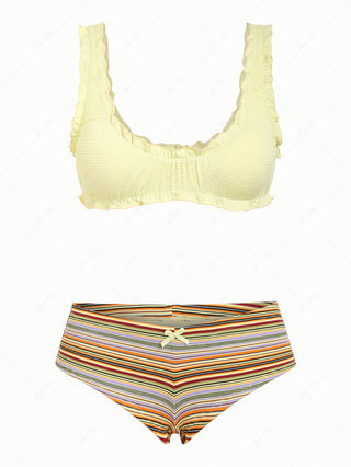 Light Yellow Textured Bralette Top & Ribbed Striped Cheeky Boyshorts Mix And Match Bikini Set