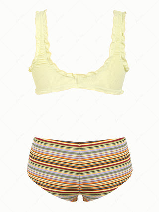 Light Yellow Textured Bralette Top & Ribbed Striped Cheeky Boyshorts Mix And Match Bikini Set