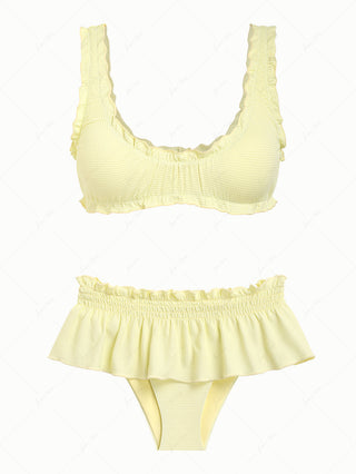 Light Yellow Textured Knit Fabric Ruffles Edge Bralette Skirtini Bikini Set