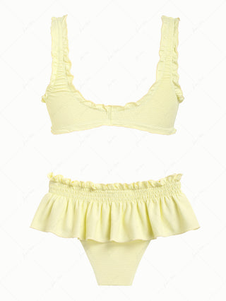 Light Yellow Textured Knit Fabric Ruffles Edge Bralette Skirtini Bikini Set