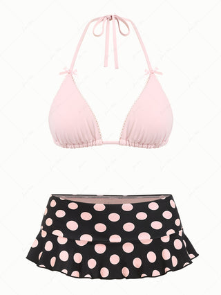 Pink Picot Halter Triangle Top & Polka Dot Skirted Bottom Mix And Match Bikini Set