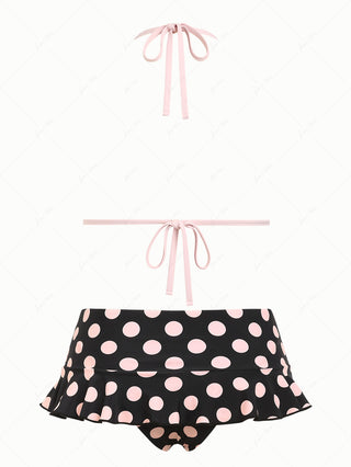 Pink Picot Halter Triangle Top & Polka Dot Skirted Bottom Mix And Match Bikini Set