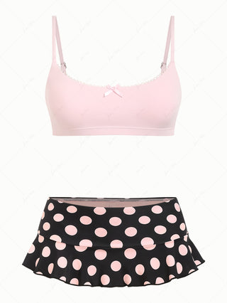 Pink Picot Bowknot Bralette Top & Polka Dot Skirted Bottom Mix And Match Bikini Set