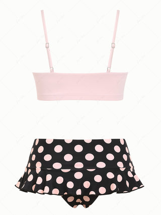 Pink Picot Bowknot Bralette Top & Polka Dot Skirted Bottom Mix And Match Bikini Set