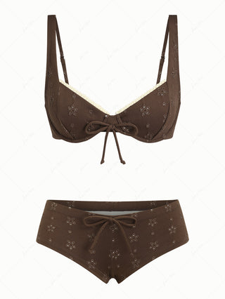 Deep Coffee Recycled Fabric Jacquard Lace Bowknot Underwire Cheeky Boyshorts Bikini Set