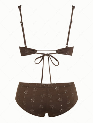 Deep Coffee Recycled Fabric Jacquard Lace Bowknot Underwire Cheeky Boyshorts Bikini Set