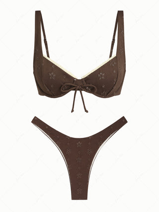 Deep Coffee Recycled Fabric Jacquard Lace Bowknot Underwire Bikini Set