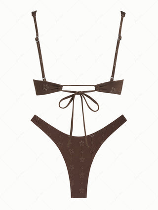 Deep Coffee Recycled Fabric Jacquard Lace Bowknot Underwire Bikini Set
