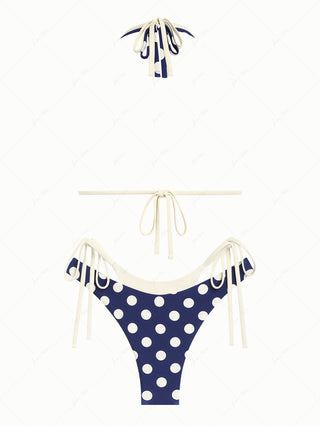 Deep Blue Polka Dot Print O Ring Double Layer Bikini Set