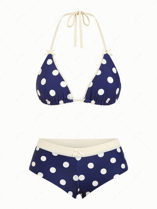 Deep Blue Polka Dot Lace Bowknot Triangle Cheeky Boyshorts Bikini Set