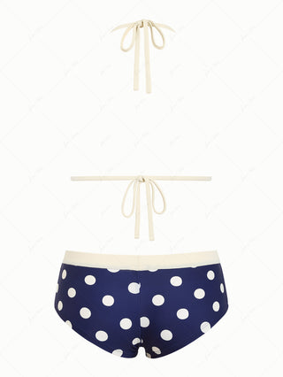 Deep Blue Polka Dot Lace Bowknot Triangle Cheeky Boyshorts Bikini Set