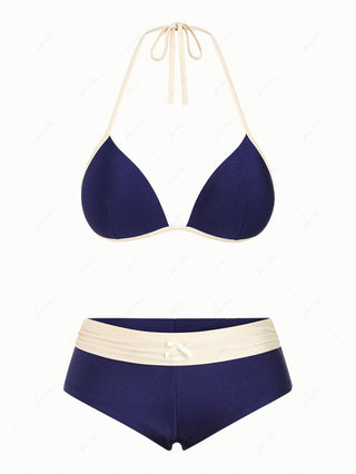 Deep Blue Contrast Binding Triangle Push Up Cheeky Boyshorts Bikini Set