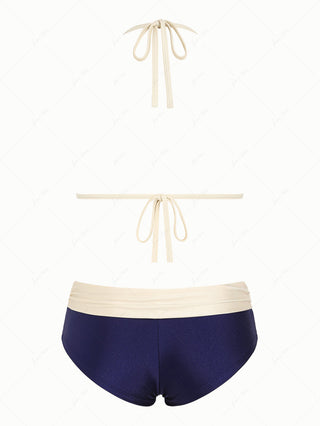 Deep Blue Contrast Binding Triangle Push Up Cheeky Boyshorts Bikini Set
