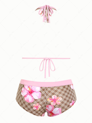 Coffee Plaid Floral Hibiscus Print O Ring Double Layer Top & Cheeky Boyshorts Bikini Set