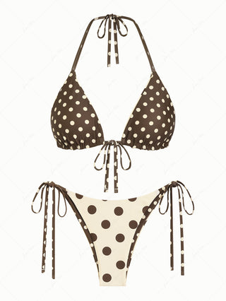 Apricot Polka Dot Halter Triangle Top & Cheeky Brazilian Bottom Reversible Bikini Set