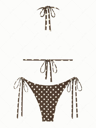 Apricot Polka Dot Halter Triangle Top & Cheeky Brazilian Bottom Reversible Bikini Set