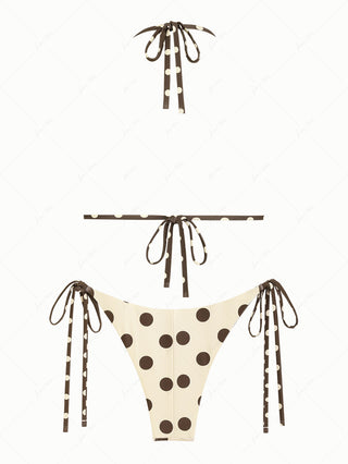 Apricot Polka Dot Halter Triangle Top & Cheeky Brazilian Bottom Reversible Bikini Set