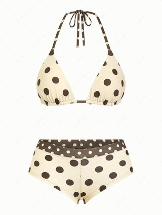Apricot Polka Dot Halter Triangle Reversible Top & Cheeky Boyshorts Bikini Set