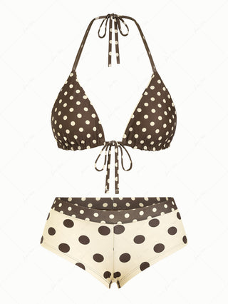 Apricot Polka Dot Halter Triangle Reversible Top & Cheeky Boyshorts Bikini Set