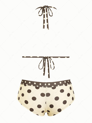 Apricot Polka Dot Halter Triangle Reversible Top & Cheeky Boyshorts Bikini Set