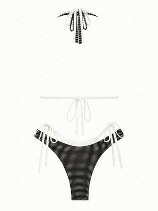 Black Pin Dot Jacquard O Ring Double Layer Bikini Set